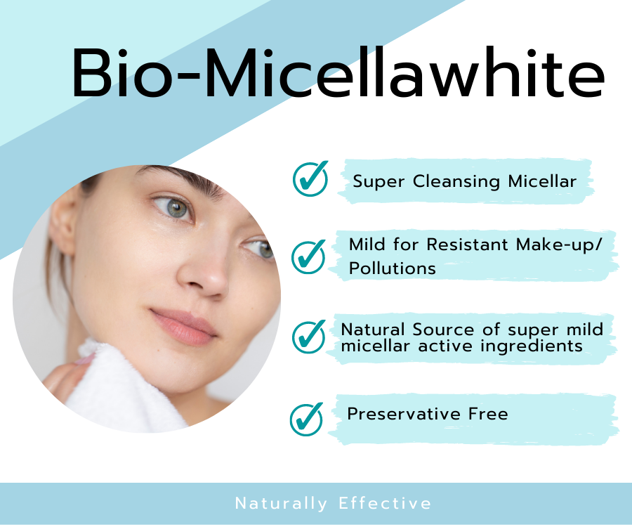 Bio-MicellaWhite เป็น Super Cleansing Micellar จากอนุพันธ์ของ Resorcinol ลดเลือนจุดด่างดำ ปรับผิวขาว กระจ่างใสขึ้น