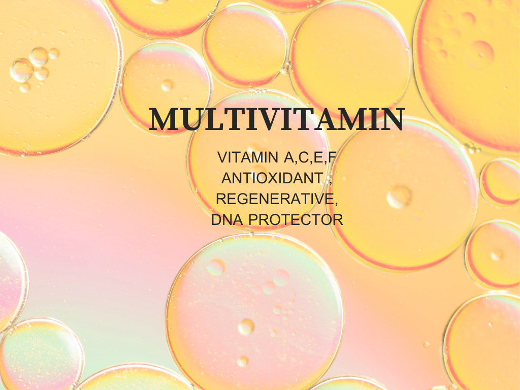 Multivitamin วิตามิน A,C,E,F ในรูปLiposomes  ยับยั้งเอนไซม์ทำลายคอลลาเจน ฟื้นฟูความแข็งแรงผิว คืนความเรียบเนียน ยืดหยุ่นกระชับให้แก่ผิว